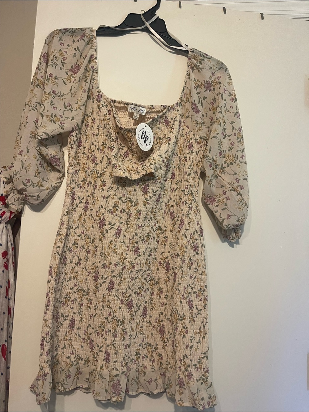 She + Sky Cream Floral Smocked Mini Dress with Pink & Green Accents
